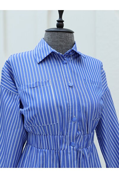 Modamorfo Pruhované šaty s knoflíky vpředu a elastickým pasem - tmavě modré