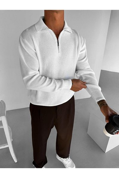 ablukaonline Ecru Men's Knitwear Sweater - Regular Fit, Half Zip