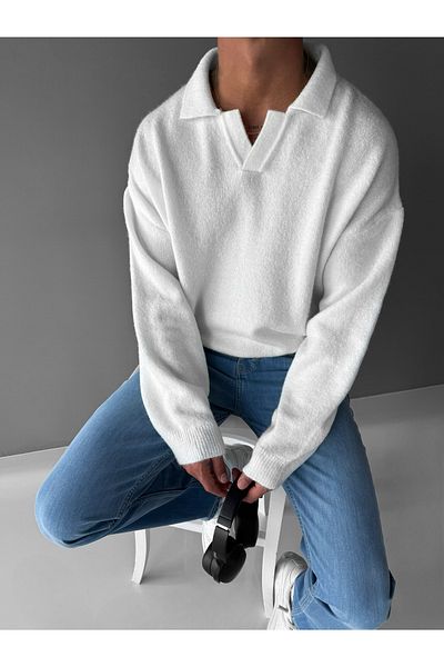ablukaonline Ecru Men's Oversize Polo Neck Soft Sweater