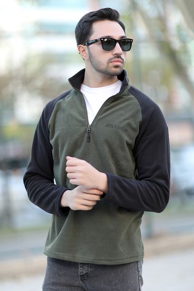 JB John Borners Men's Stand Collar Polar Khaki Black Garnished Half Zipper Embroidered - 6055