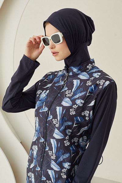 NBB Navy Blue Floral Patterned Hijab Swimsuit