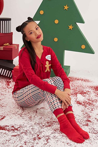 NBB طقم بيجامة بأزرار قميص قصير أحمر