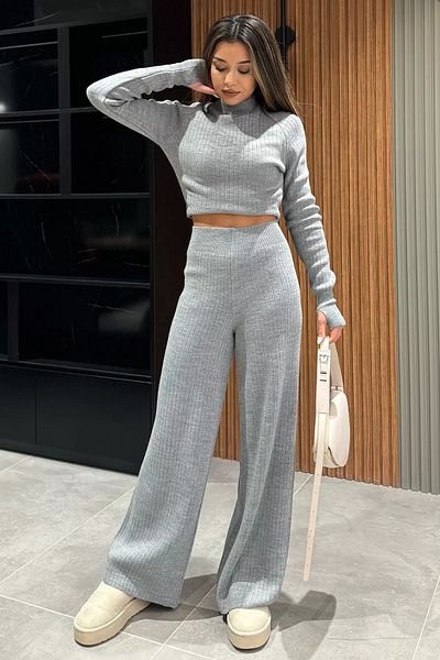GÜLSELİ Gray Women's Half Fisherman Knit Crop Sweater Pants Knitwear Bottom-Top Suit