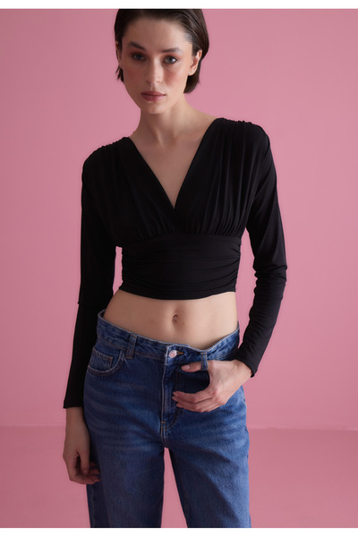 TUBİA Bluză neagră cu mânecă lungă, cu decolteu în V, pentru femei