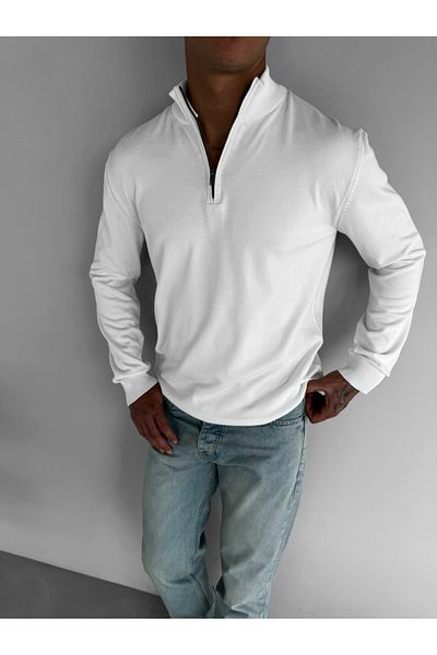 ablukaonline Ecru Men's Polo Collar Sweater - Half Zipper