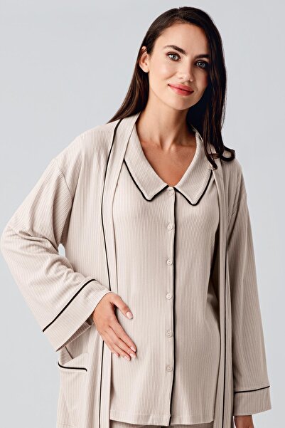 Artış Baby Lapel Buttoned Long Sleeve Maternity Dressing Gown Pajamas Set
