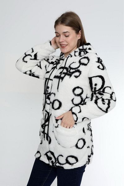 DHDmoda White Printed Hooded Zippered Plush Jacket