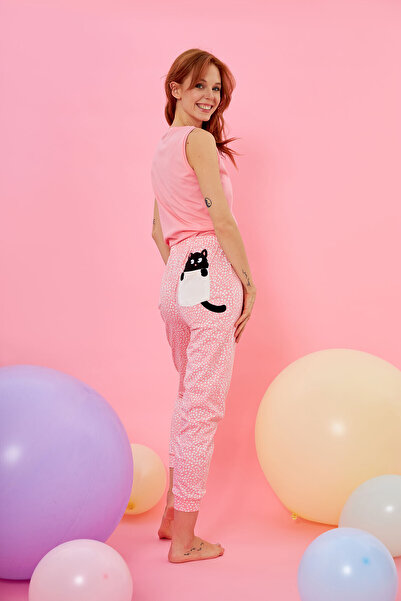 NBB Pembe Black Cat Hip Patterned Pijama Takımı
