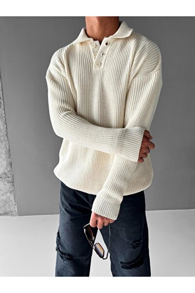 ablukaonline Μπεζ ανδρικό άνετο πουλόβερ με γιακά πόλο