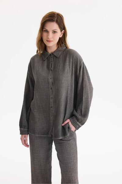 TUBİA Cold Gray Muslin Polo Collar Long Sleeve Women's Shirt
