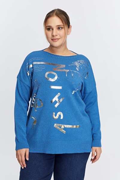 RMG Plus Size Boat Neck Cashmere Blended Printed Knitwear Indigo