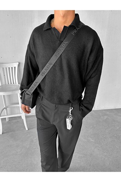 ablukaonline Men's Polo Neck Soft Textured Oversize Sweater Black