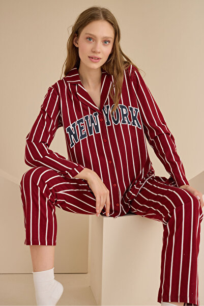 NBB Bordo New York V Yaka Önden Düğmeli Pijama Takımı