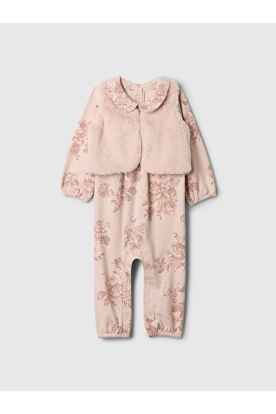 GAP Bebek Pembe Suni Kürk Yelekli Outfit Set