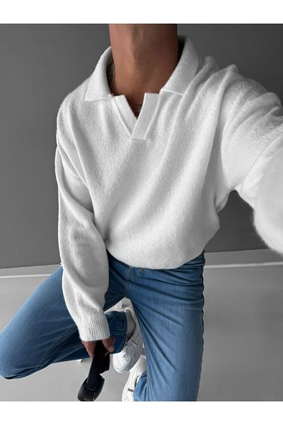 ablukaonline Ecru Men's Oversize Polo Neck Soft Sweater