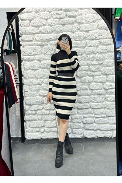 Butik BALIKÇI YAKA  ÇİZGİLİ BOYDAN KEMER DETAYLI TRİKO ELBİSE