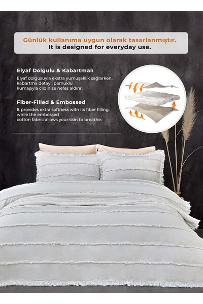 Evlen Home Collection Pamuklu Echos Yatak Örtüsü Takımı Günlük Çift (Taraflı) Kişilik 3 Parça Dolgulu El İşi Beyaz