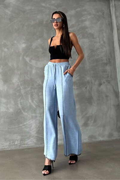 VERYMODA Pantaloni din in brodat cu picior conic - Albastru |   F1675