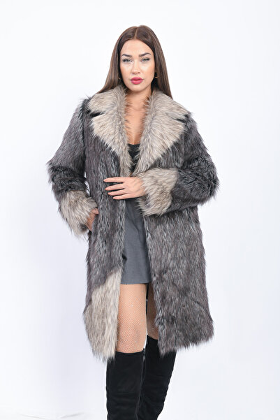 FUREVER FASHION ŞAL YAKA KIRÇILLI SUNİ FOX KÜRK PATCHWORK KADIN MANTO