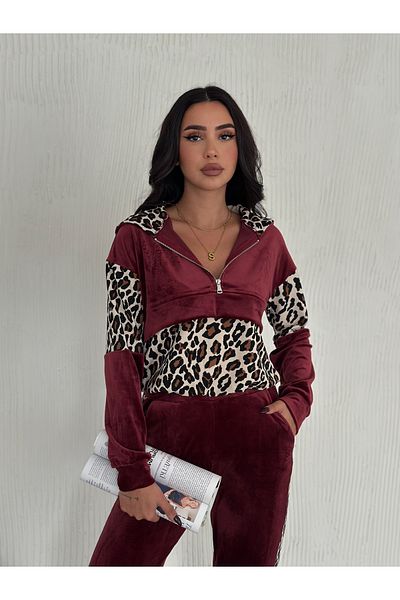 Gugus Set de trening pentru damă cu imprimeu leopard - picior largi, glugă și fermoar