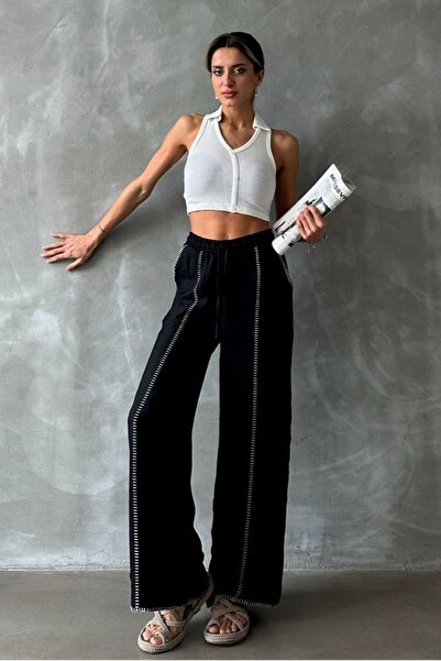 VERYMODA Pantaloni din in brodat cu picior conic - Negru |   F1675