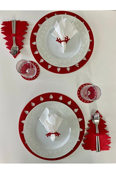 Mini Tasarım Atölyem Christmas Pine Tree Patterned Tableware Presentation Dish Set for 2 People (8 Pcs)