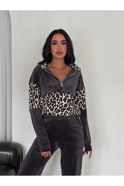 Gugus Women's Leopard Print Tracksuit Set - Wide Leg, Hoodie and Zipper