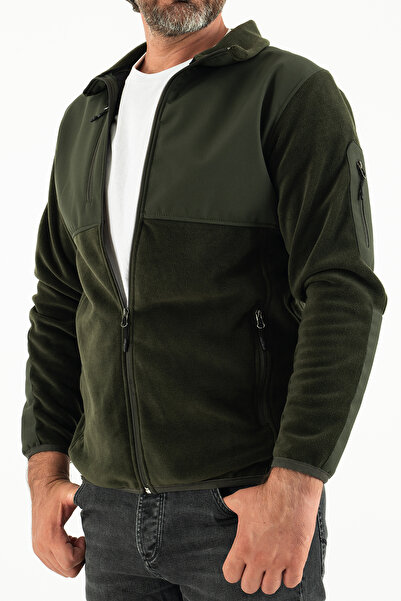 Souris Ανδρικό φούτερ με χακί λεπτή εφαρμογή, αντι-πιλίνγκ, πλήρες φερμουάρ Softshell γαρνιρισμένο φλις