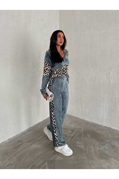 Gugus Set de trening pentru damă cu imprimeu leopard - picior largi, glugă și fermoar