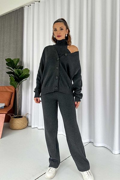 Mine Tan Butik Anthracite 3 Piece Halter Neckline Crop Cardigan and Trousers Set