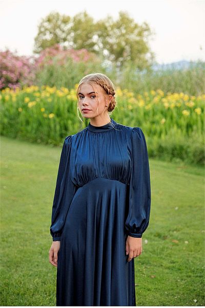 Tailors Room Rochie vintage din satin bleumarin