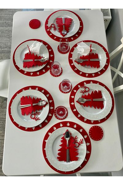 Mini Tasarım Atölyem Christmas Pine Tree Patterned Tableware Presentation Dish Set for 6 People (24 Pcs)
