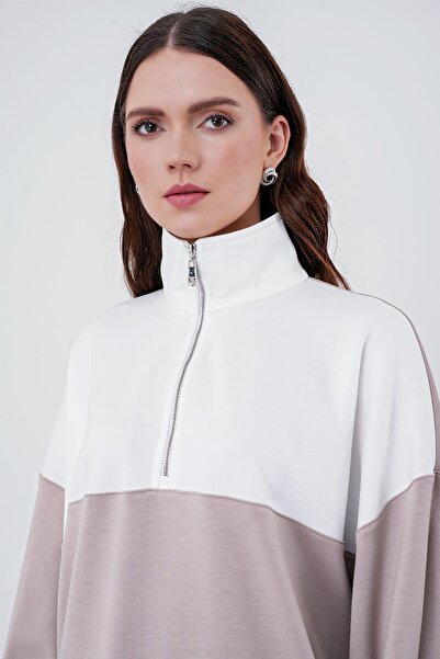 Zühre Μπεζ/Λευκό Χρώμα Μπλοκ Comfort Sweatshirt - T-1467