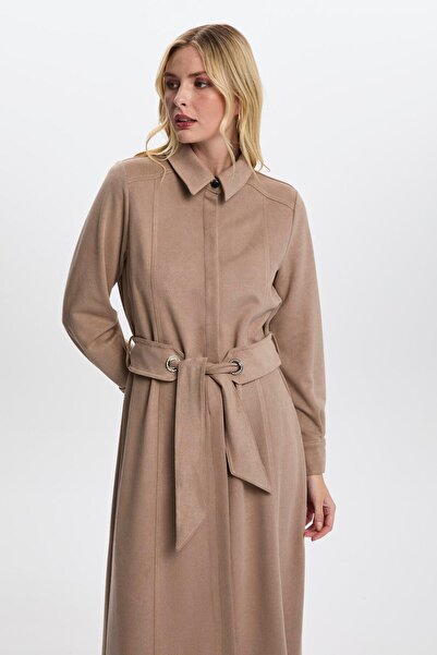 Zühre Πουκάμισο με γιακά Ζώνη Πέτρινο Μακρύ Φόρεμα E-0446