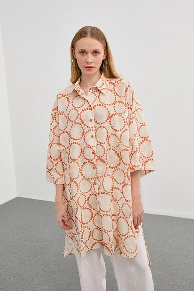 Zühre Long Patterned Orange Tunic - Casual T-1464
