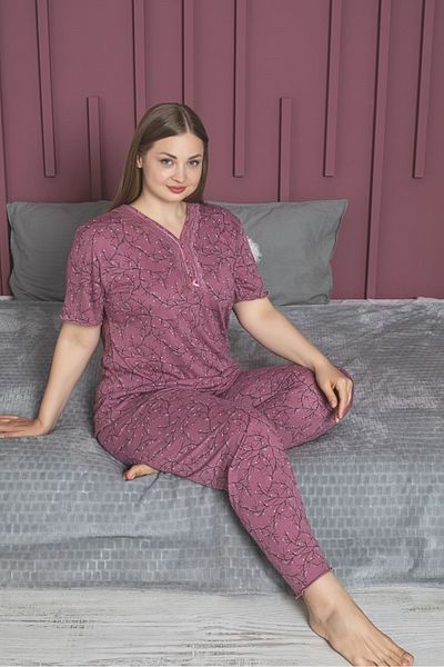 wear treasure Women's Plus Size Six Print Curve Print Lapel Lace Buttoned Short Sleeve Bamboo Pajamas Set