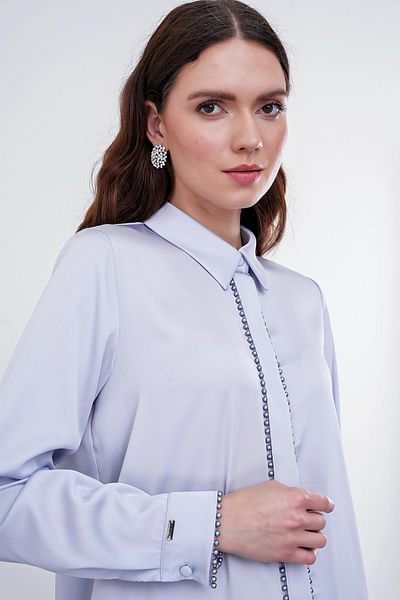 Zühre Gray Bead Embroidered Shirt Collar Tunic - T-1484