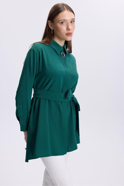 Zühre Emerald Tunic - with Brooch Detail and Waist Tie T-1497