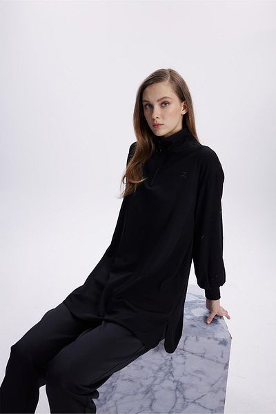 Zühre Black Tunic with Zipper and Stone Embroidery - T-1494