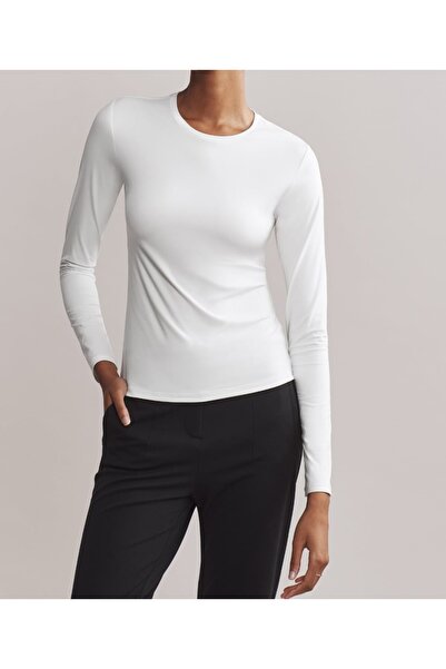 MADAM SHİLA White Interlock Combed - Darkalıp Slimfit, Soft Touch, Long Sleeve, Long Sleeve, Round Neck Sports Body