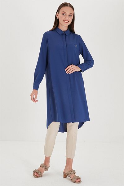 Zühre Hidden Button Detailed Tunic Indigo T-0767