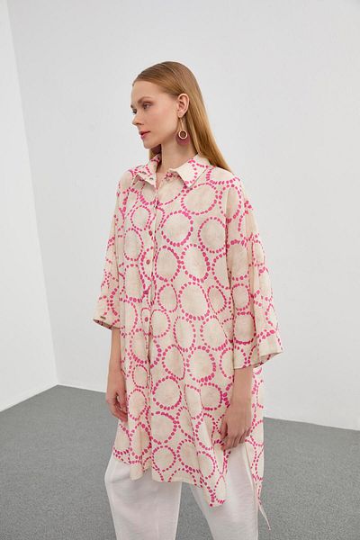 Zühre Patterned Casual Long Fuchsia Tunic T-1464