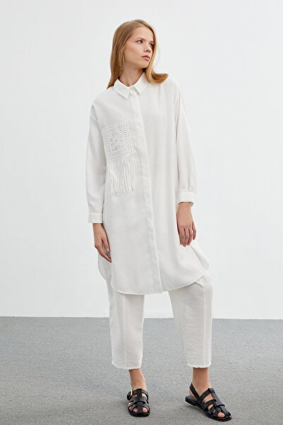 Zühre Shirt Collar Long Ecru Tunic T-1422