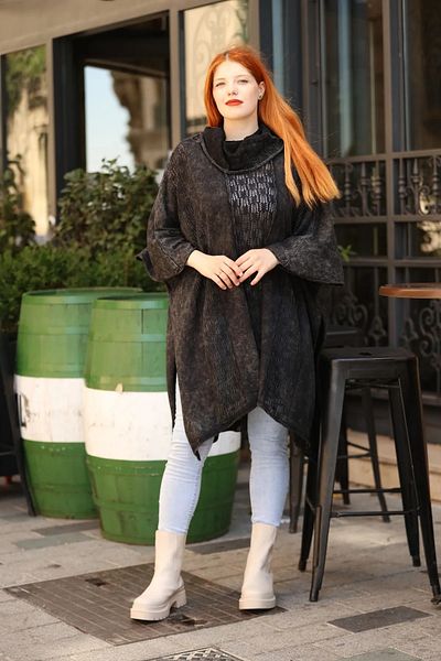 Sosyete Kaplumbağa Authentic Knitwear 100% Cotton Shawl Collar Ethnic Pattern Loose Oversize Blouse Tunic