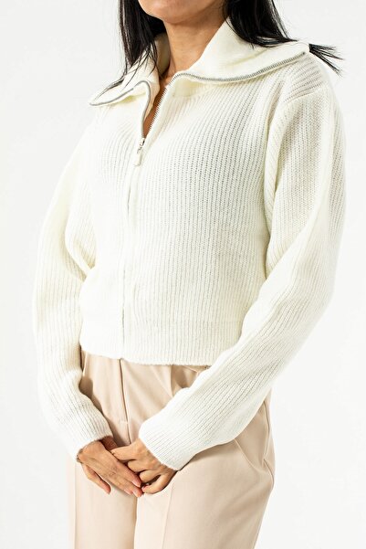 Seniorah White Emerald Zipper Detailed Knitwear Cardigan