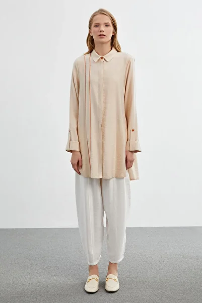 Zühre Beige Tunic with Sleeve Detail and Hidden Buttons T-1461