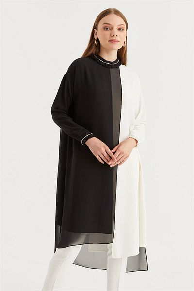 Zühre Kragenbestickte, detaillierte Chiffon-Tunika in Schwarz/Ecru T-1094