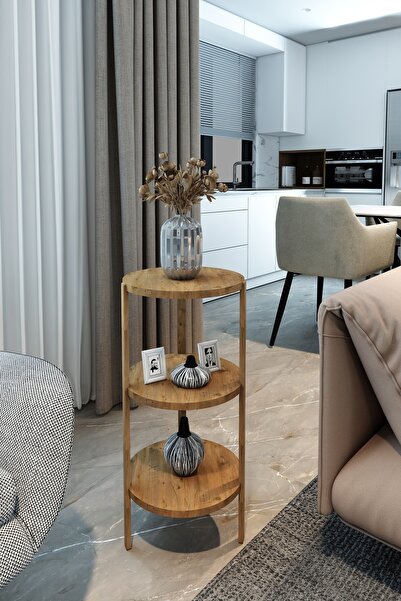 Jest Dekor Konsept Miray Atlantik Çam 3 Raflı Yuvarlak Ahşap Sehpa / Çok Amaçlı Kullanım / Yüksek Kalite, Şık Tasarım