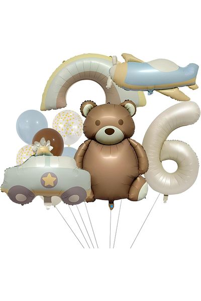 Parti Station Retro Teddy Bear Police Car Rainbow Aircraft Concept 6 Years Old Balloon Set Retro Concept Birthday Balloon Set