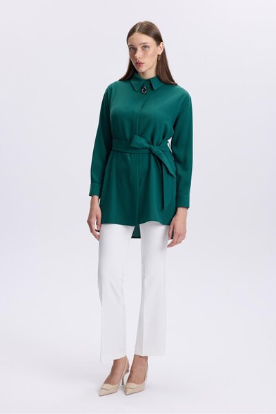 Zühre Emerald Tunic - with Brooch Detail and Waist Tie T-1497